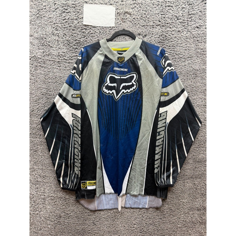 Vintage Fox Racing Long-Sleeve V-Neck Motocross Jersey Blue Gray Mens Size XXL